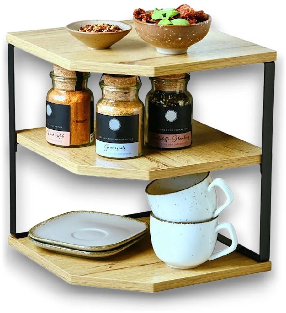 Kesper Rohová 3-poschodová polica, v dekore dub, čierny kov 26x26x28 cm