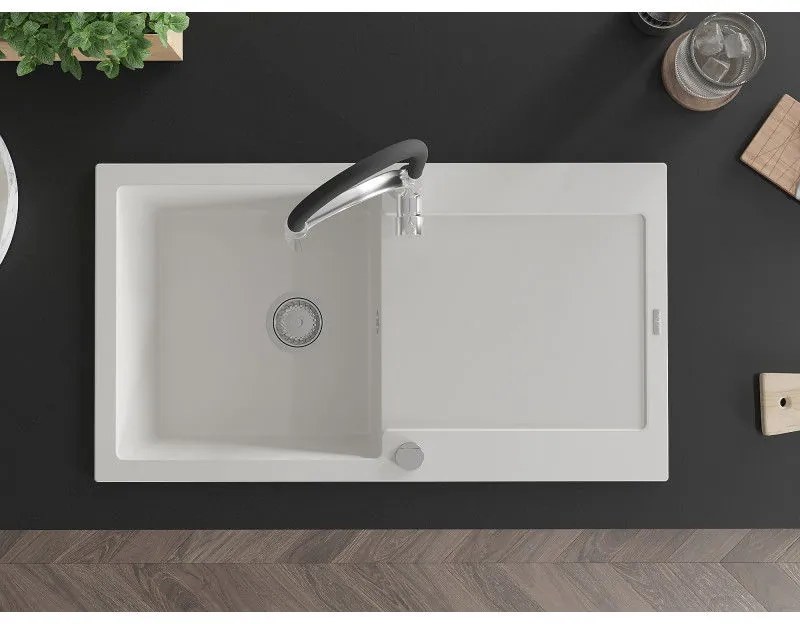 Mexen Leo, granitový drez 900x500x190 mm, 1-komorový a drezová batéria Aster, biela, 6501-20-73450-07