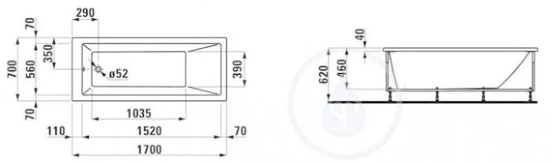 LAUFEN Pro Vaňa s konštrukciou a čelným panelom ľavým, 1700 mm x 700 mm, biela H2309550000001