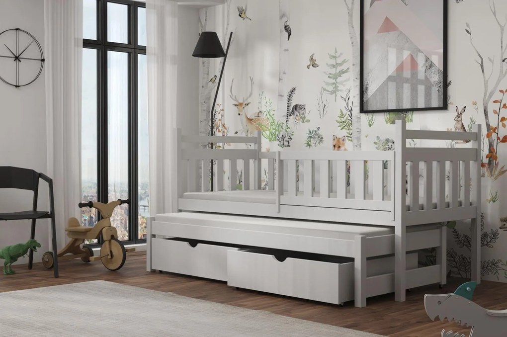 Detská posteľ z masívu borovice PROKOP s prístelkou a šuplíkmi - 200x90 cm - BIELA