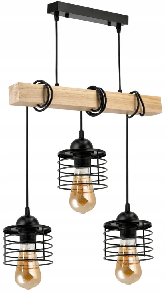 BERGE LED závesné stropné svietidlo, drevený trám, 3xE27, loft pružina