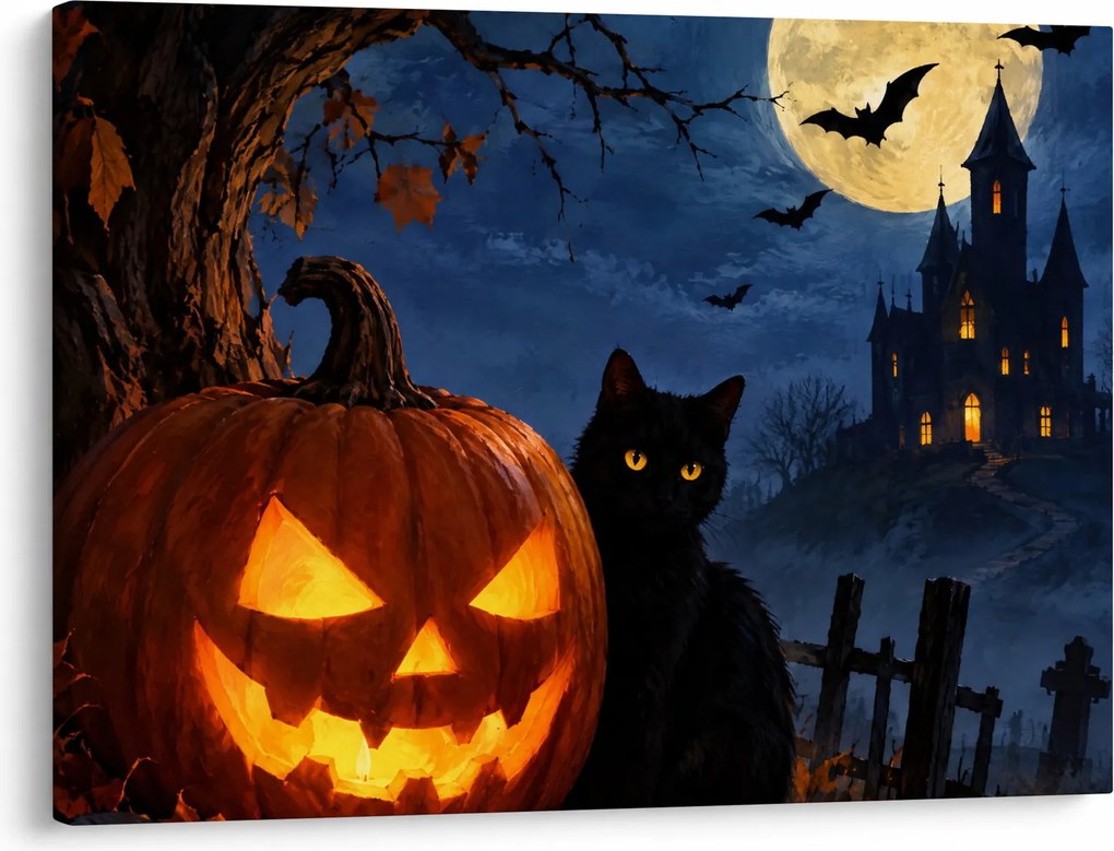 Obraz - Čierna mačka pri svietiacej tekvici na Halloween (70x50 cm)