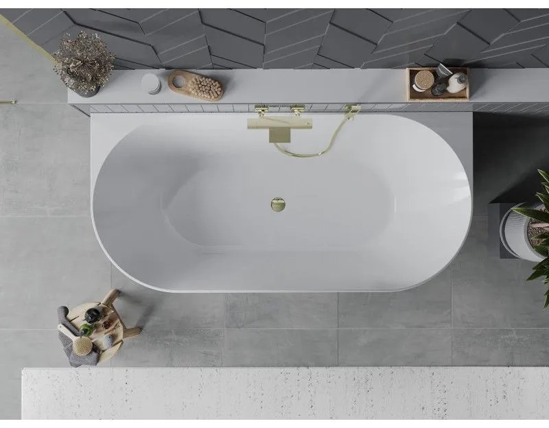 Mexen Oval Slim, voľne stojaca vaňa ku stene, 170 x 80 cm, biela-šedá, zlatý lesklý prepad, 52661708062-50