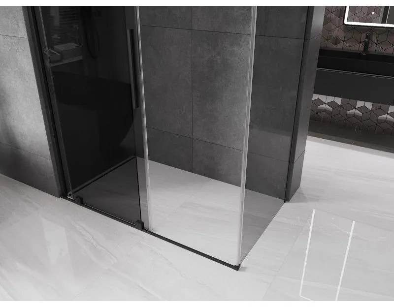 Mexen Velar, sprchový kút s posuvnými dverami 150 x 85 cm, 8mm šedé sklo, čierna matná, 871-150-085-41-70