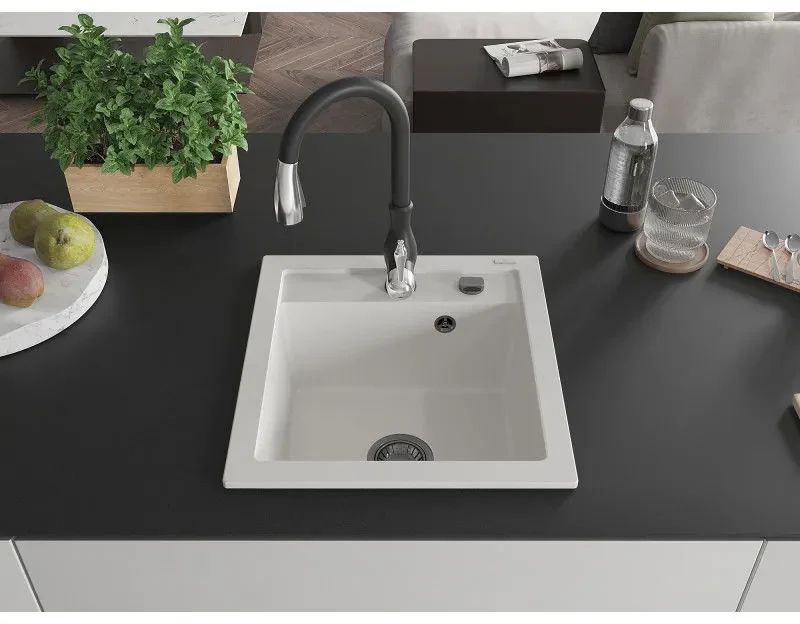 Mexen Vito, 1-komorový granitový drez 520x490x210 mm a drezová batéria Savita, biela, 6503-20-672601-70