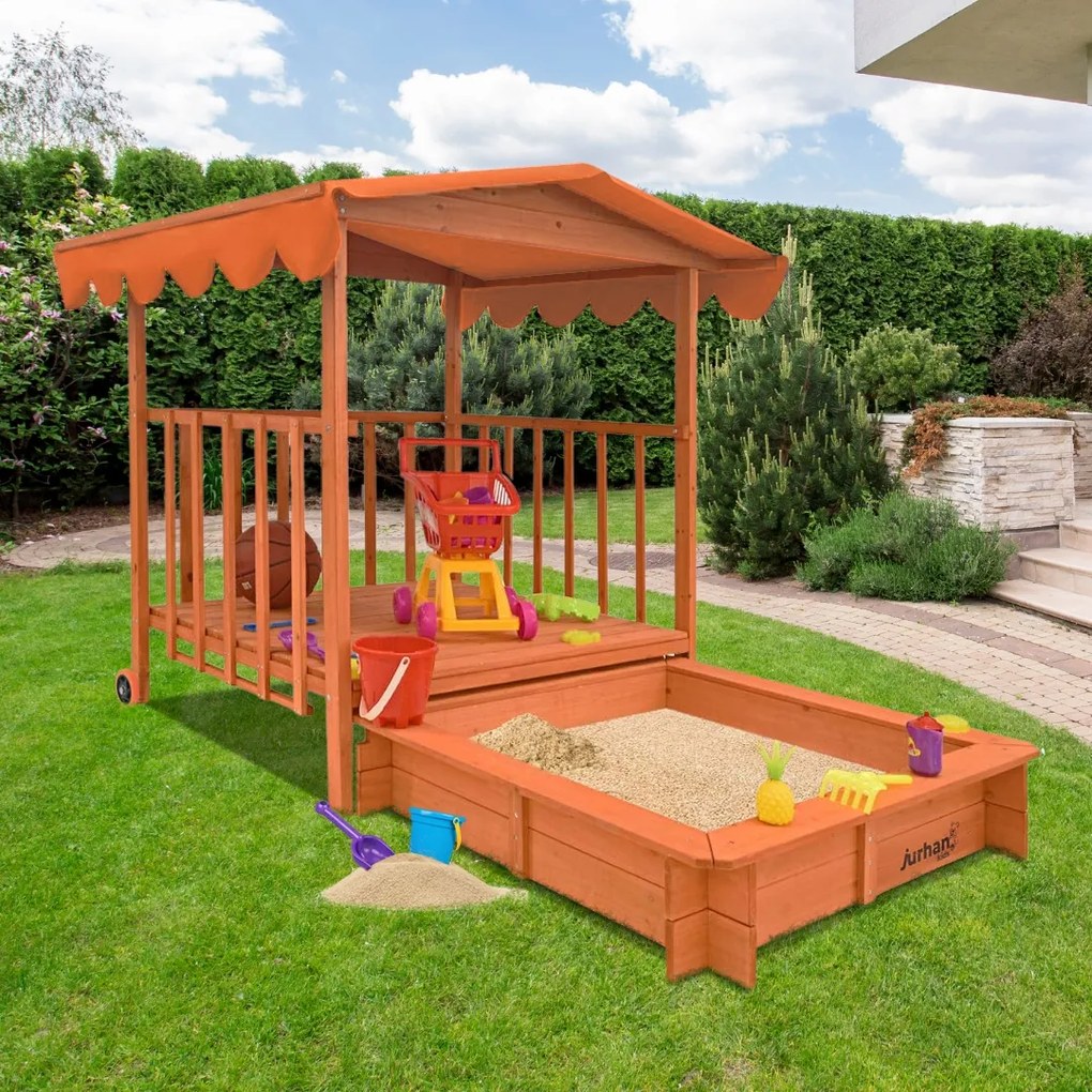 Pieskovisko s verandou HAPPY, 130x130x143cm, hnedá/oranžová Jurhan