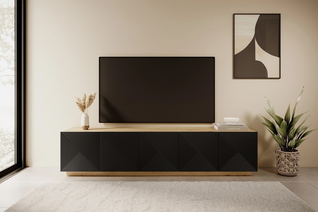 TV stolík Asha 200 cm na sokli - artisan / čierny mat