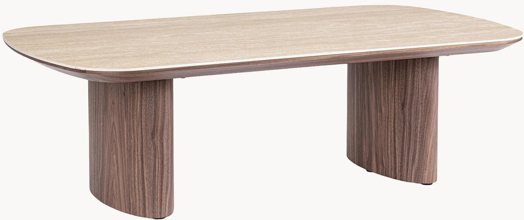 Oválny drevený konferenčný stolík's doskou v travertínovom vzhľade Ezekiel, Š 130 x H 70 cm