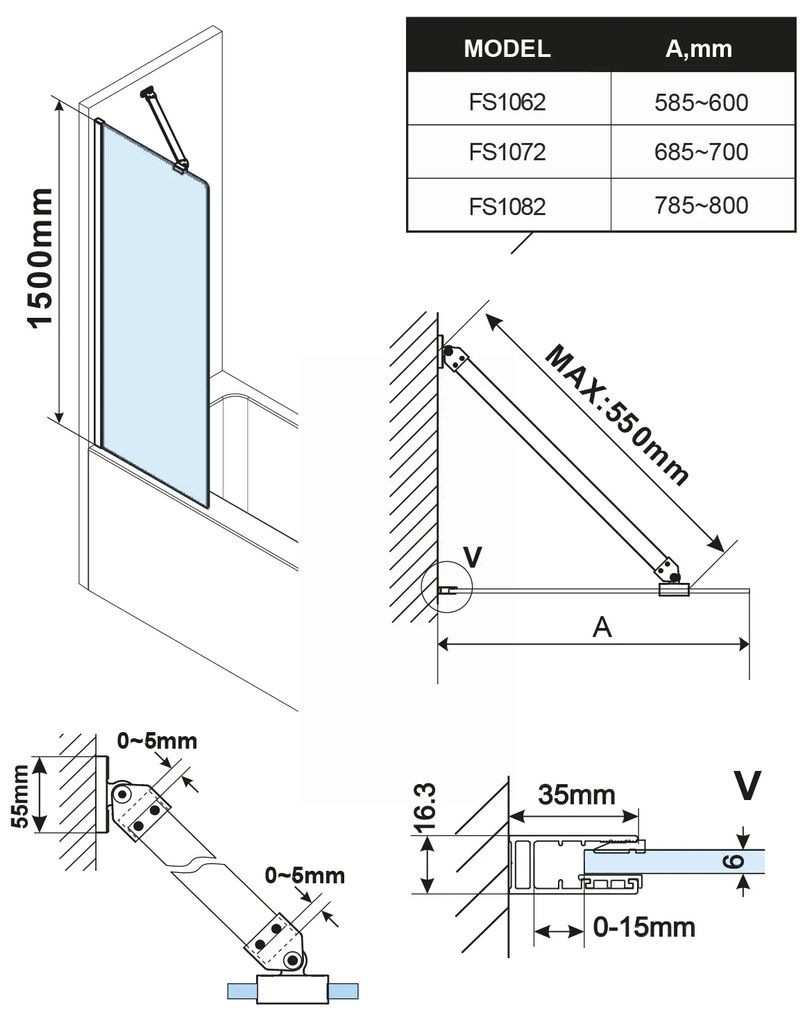 Polysan Polysan, FISA vaňová zástena 600x1500mm, mm, biela mat, číre sklo, FS1062-W