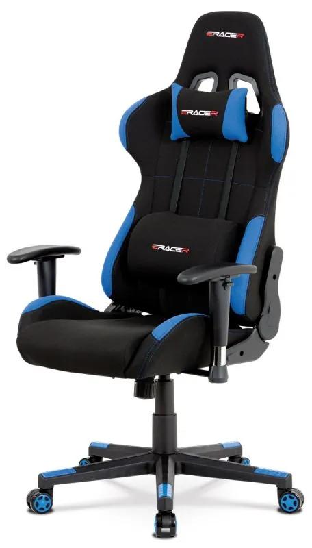 Moderná herná stolička v športovom dizajne v čiernej látke s modrými detailami