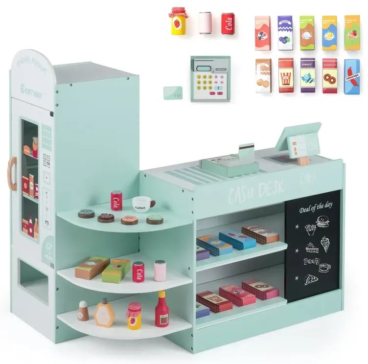 Detská hracia sada do supermarketu s pokladňou, POS automatom, predajným automatom a tabuľou, mätovo zelená