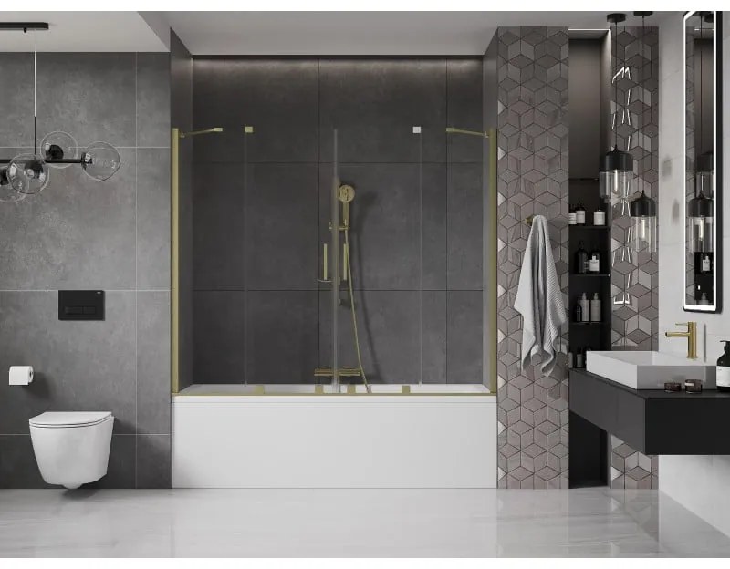 Mexen Velar Duo, vaňová zástena 2-krídlová s posuvnými dverami 190 x 150 cm, 8mm číre sklo, zlatý matný profil, 896-190-000-02-55