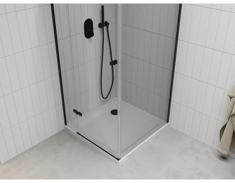 Mexen Roma, sprchovací kút s 1-krídlovými dverami 70 (dvere) x 80 (stena) cm, 6mm číre sklo, čierny profil, slim sprchová vanička 5cm biela s čiernym sifónom, 854-070-080-70-00-4010B