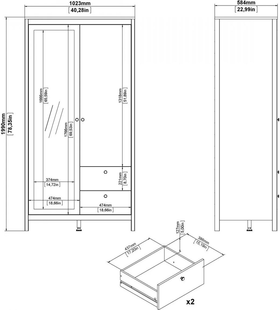Šatníková skriňa Realty 102 cm so zrkadlom biela