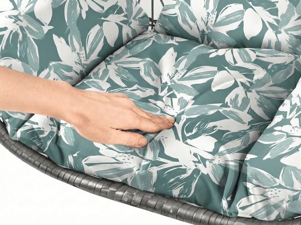 Sivé závesné kreslo KOKON so stojanom, zeleno-biely vankúš