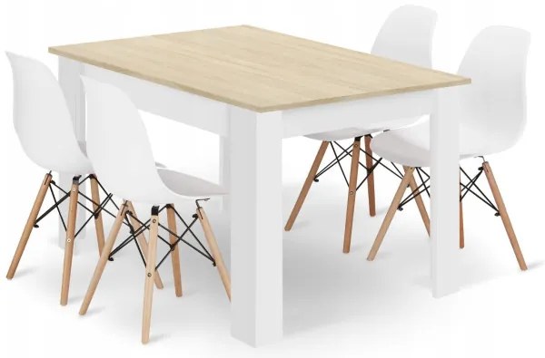 Jedálenský stôl dub sonoma / biely so štyrmi stoličkami OSAKA biele / hnedé