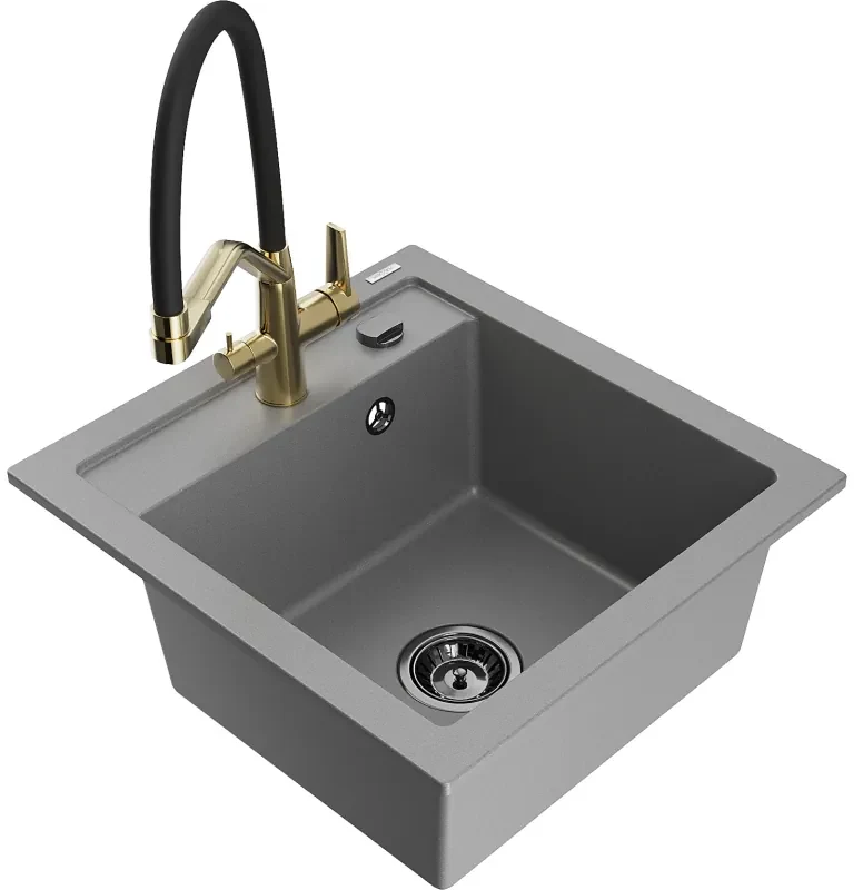 Mexen Vito, 1-komorový granitový drez 520x490x210 mm, drezová batéria Duo, šedá, 6503-71-671701-57-B