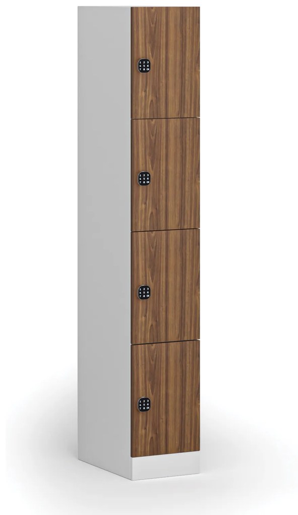 Šatníková skrinka s úložnými boxmi, 4 boxy, 1850 x 300 x 500 mm, kódový zámok, laminované dvere, orech