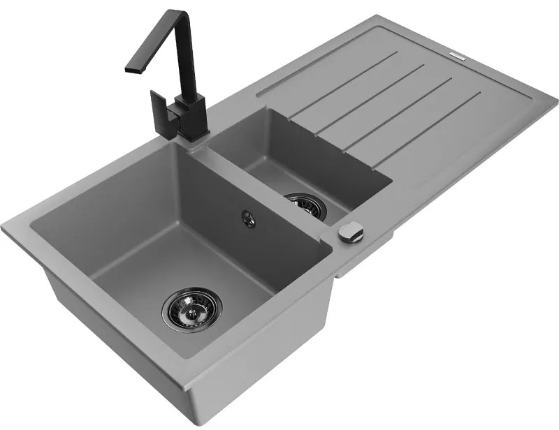 Mexen Andres, granitový drez 1000x500x200 mm, 1,5-komorový, šedá s čiernym sifónom a čierna drezová batéria Rita, 6515-71-670300-70-B