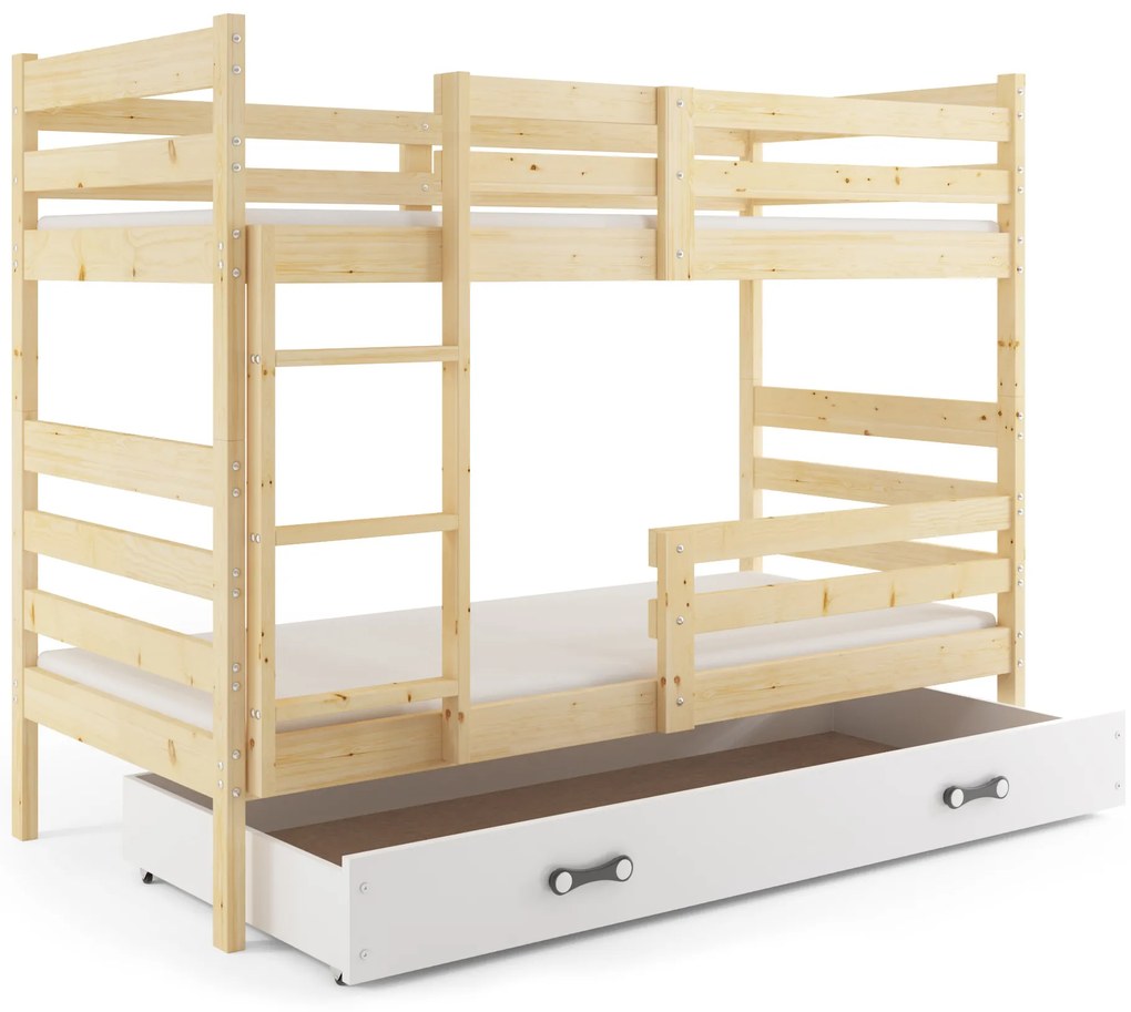Poschodová posteľ so zásuvkou a matracmi ERIK natural 190x90 borovica - biela