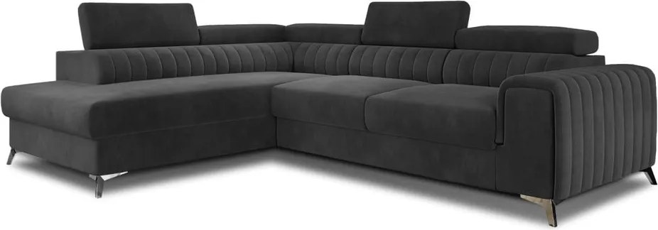 Tmavosivá zamatová rozkladacia/s úložným priestorom rohová pohovka (ľavý roh/do L) Laurence – ELTAP