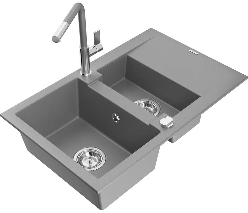 Mexen Gaspar, 1,5-komorový granitový drez 737x475x177 mm a drezová batéria Flora, šedá, 6507-71-670401-06