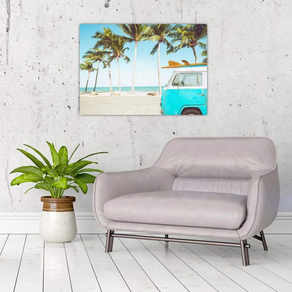 Sklenený obraz - Vintage dodávka na pláži (70x50 cm)