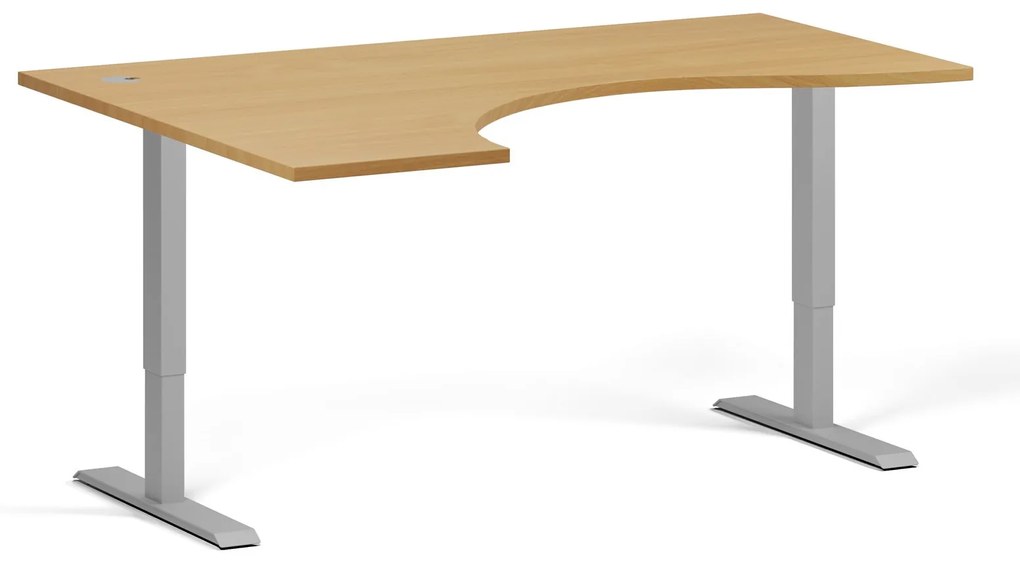 Ergonomický výškovo nastaviteľný stôl, 160x120 cm, 2 motory, L/P, sivá podnož, buk