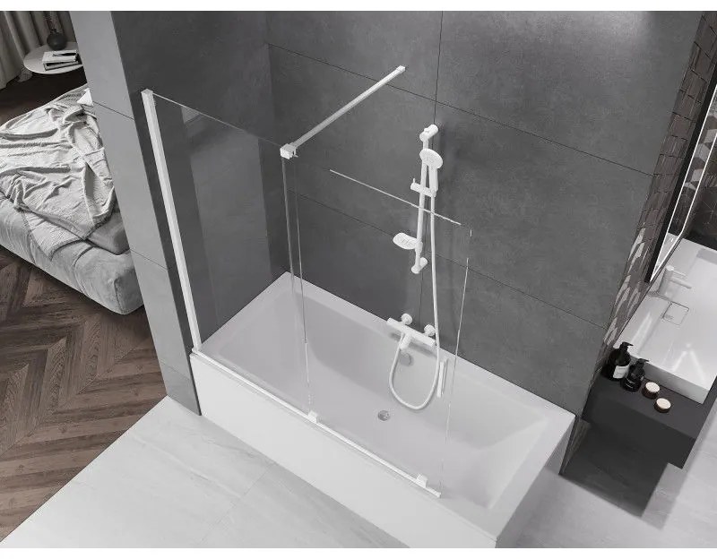 Mexen Velar, 2-krídlová posuvná vaňová zástena 150 x 150 cm, 8mm číre sklo, biely profil, 896-150-000-01-20