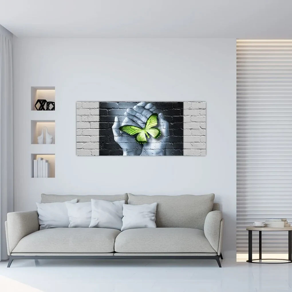 Obraz - Zelený motýľ v stene (120x50 cm)