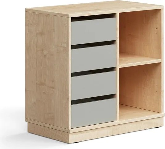 Úložná skrinka CASPER, 4 zásuvky, 2 priehradky, so soklom, breza/šedá