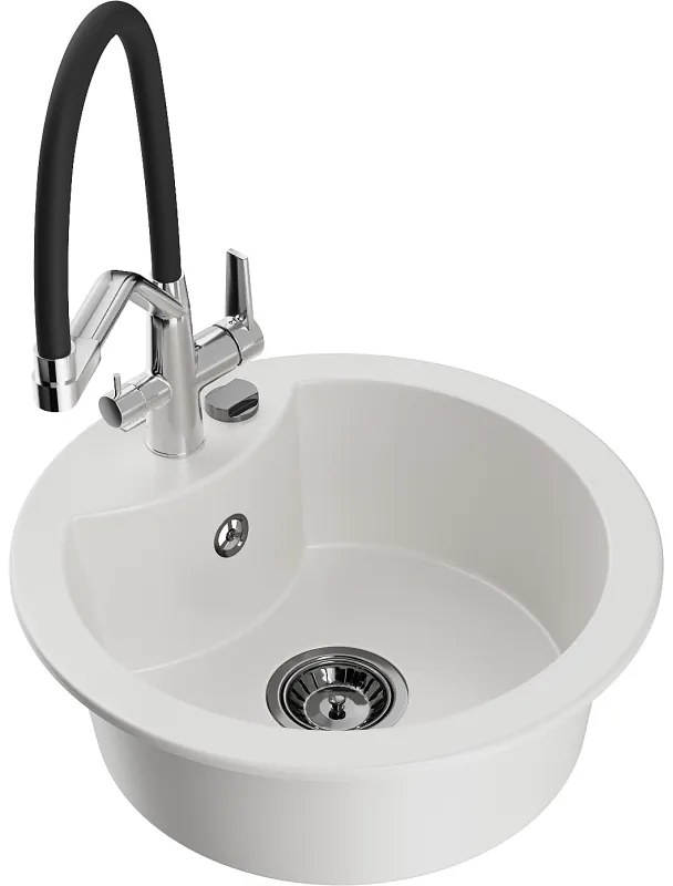 Mexen Diego, 1-komorový granitový drez 488x488x167 mm a drezová batéria Duo, biela, 6512-20-671701-07-B