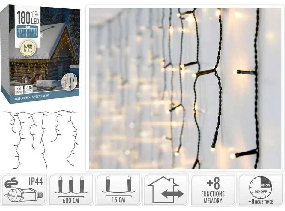 Svetelná vianočná reťaz Icicle teplá biela, 180 LED