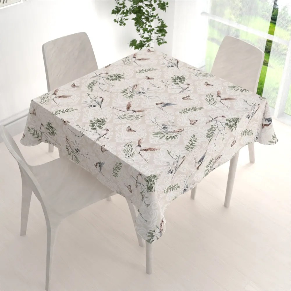 Biante Bavlnený štvorcový obrus Sandra SA-490 Lastovičky s motýlikmi na béžovom ornamente 40x40 cm