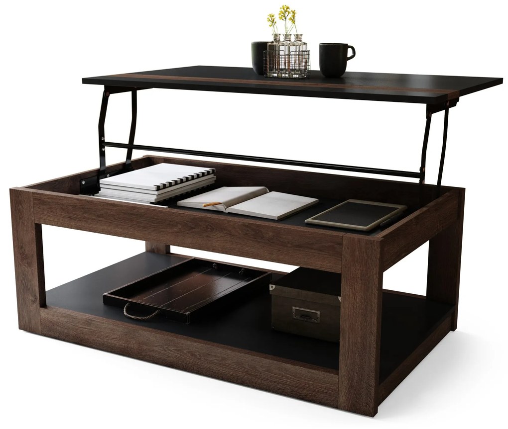 copy of LUSSO Matná Biela/Čierna matná - MODERNÝ STOLÍK SO ZDVÍHAVOU STOLOVOU DOSKOU + ÚLOŽNÝ PRIESTOR + POLICA (NA KOLESÁCH!)