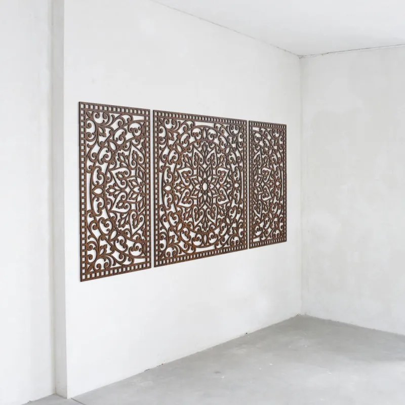 Drevená nástenná dekorácia trojdielna mandala do interiéru | SENTOP HDF0514-B