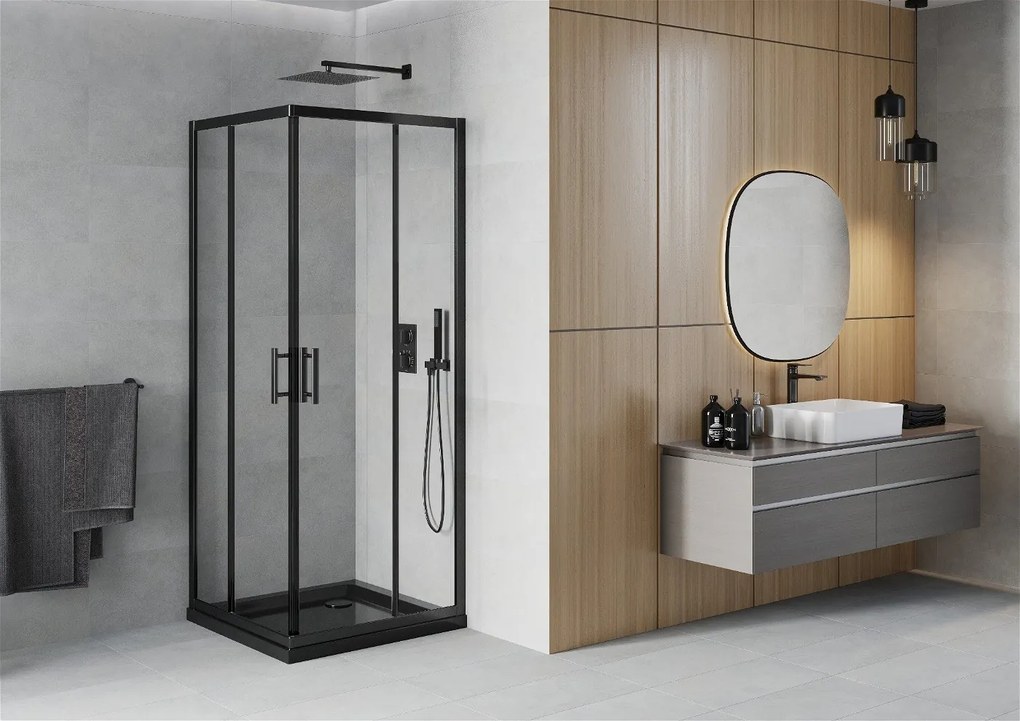 Mexen Rio, štvorcový sprchovací kút s posuvnými dverami 70 (dvere) x 70 (dvere) x 190 cm, 5mm číre sklo námraza, čierny profil + čierna sprchová vanička SLIM, 860-070-070-70-00-4070B