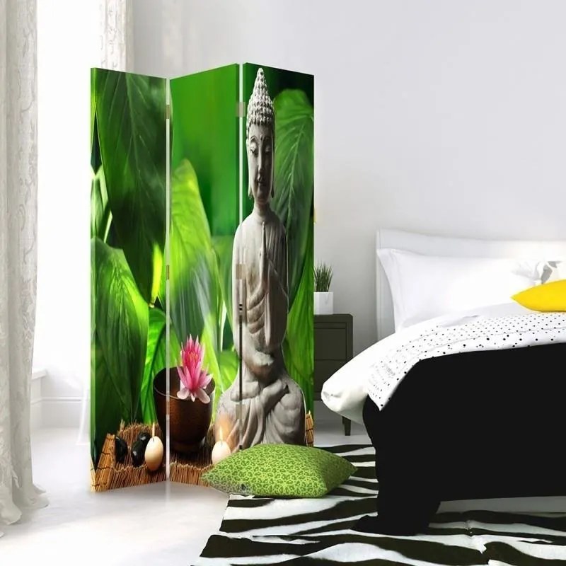 Gario Paraván Budha na pozadí listov Rozmery: 110 x 170 cm, Prevedenie: Otočný paraván 360°