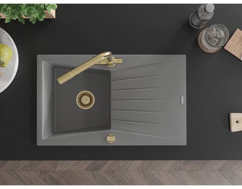 Mexen Cesar, granitový drez 775x470x190 mm, 1-komorový a zlatá batéria Duero, šedá, 6514-71-671600-50