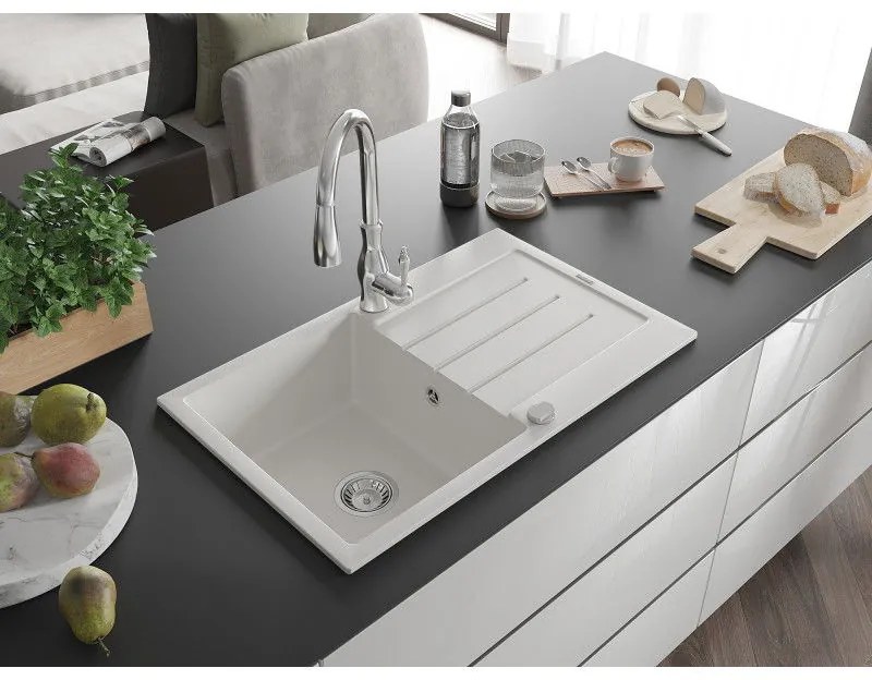 Mexen Bruno, 1-komorový granitový drez 795x495x200 mm a drezová batéria Savita, biela, 6513-20-672601-00