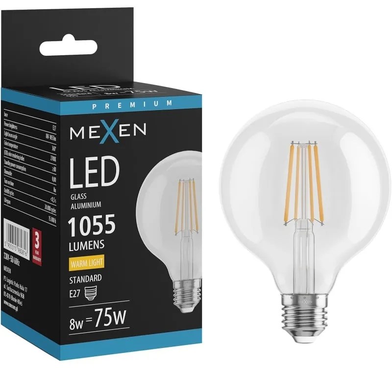 Mexen Vintis, LED žiarovka E27, G95, 8W, Teplá - 2700K, 1055 lm, číra - L157-E27-0827-00