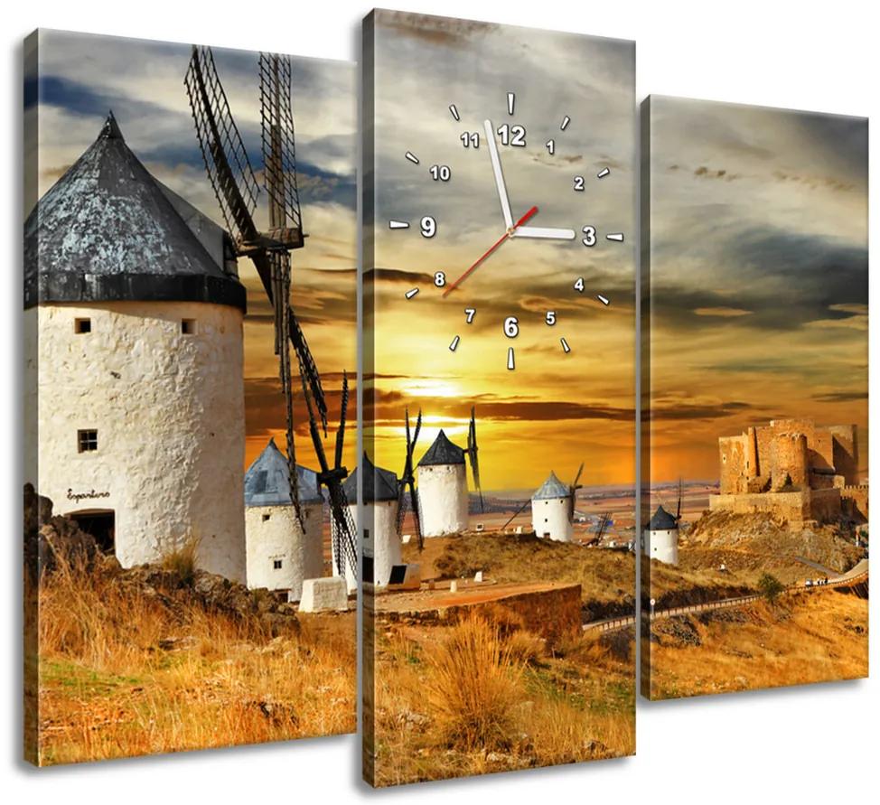 Gario Obraz s hodinami Veterné mlyny v Španielsku - 3 dielny Rozmery: 90 x 70 cm
