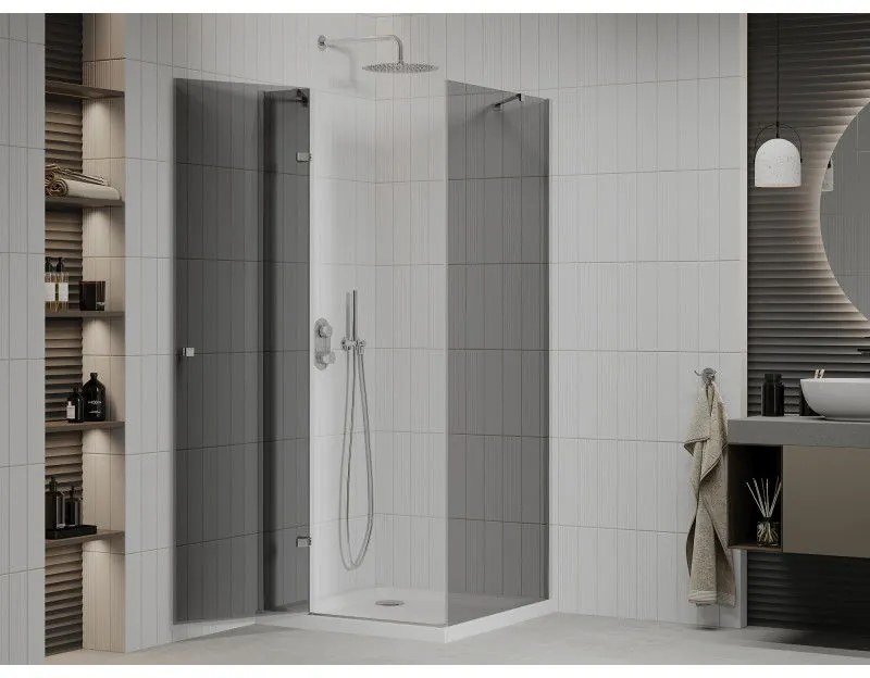 Mexen Roma, sprchový kút s krídlovými dverami 90 (dvere) x 90 (stena) cm, 6mm šedé sklo, chrómový profil + slim sprchová vanička biela + chrómový sifón, 854-090-090-01-40-4010