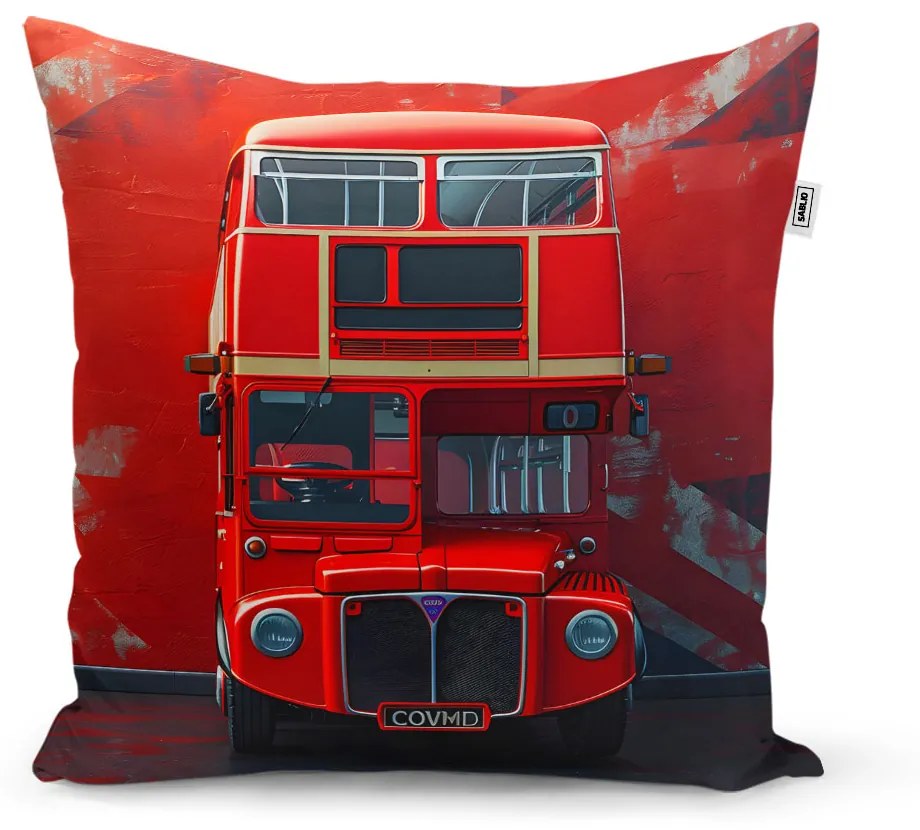 Sablio Vankúš Červený poschodový autobus Vlajka - 60x60 cm