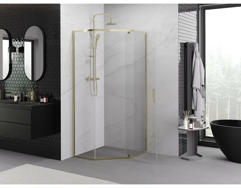 Mexen Exo, päťuholníkový výklopný sprchový kút 90 x 90 cm, číre sklo, zlatá, 812-090-090-50-00
