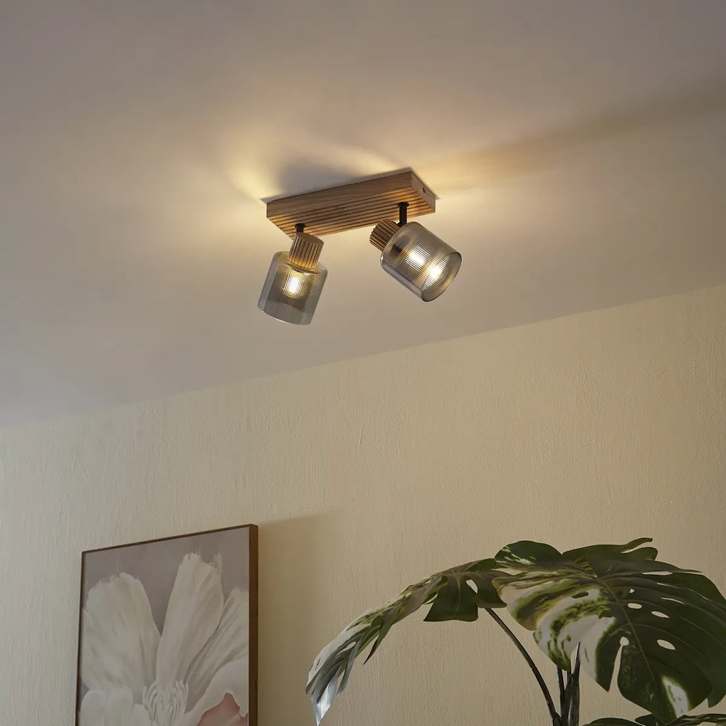 Inteligentný reflektor drevený s dymovým sklom 2-svetelný otočný a naklápací vrátane WiFi G45 - Gracy