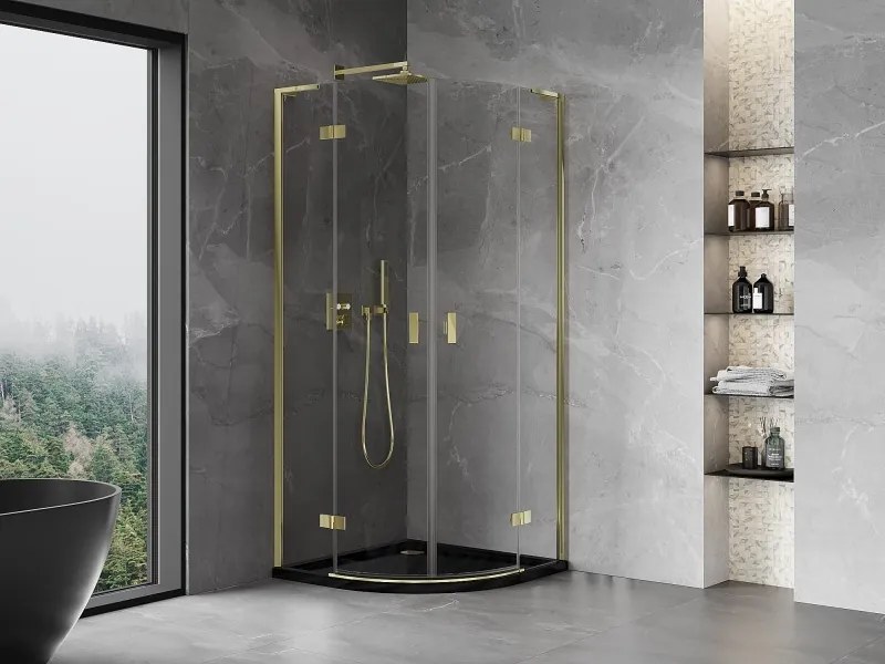 Mexen Mist L, štvrťkruhový sprchový kút s 2-krídlovými dverami, 90 x 90 cm, číre sklo, zlatý lesklý profil, 8A33L-090-090-50-00