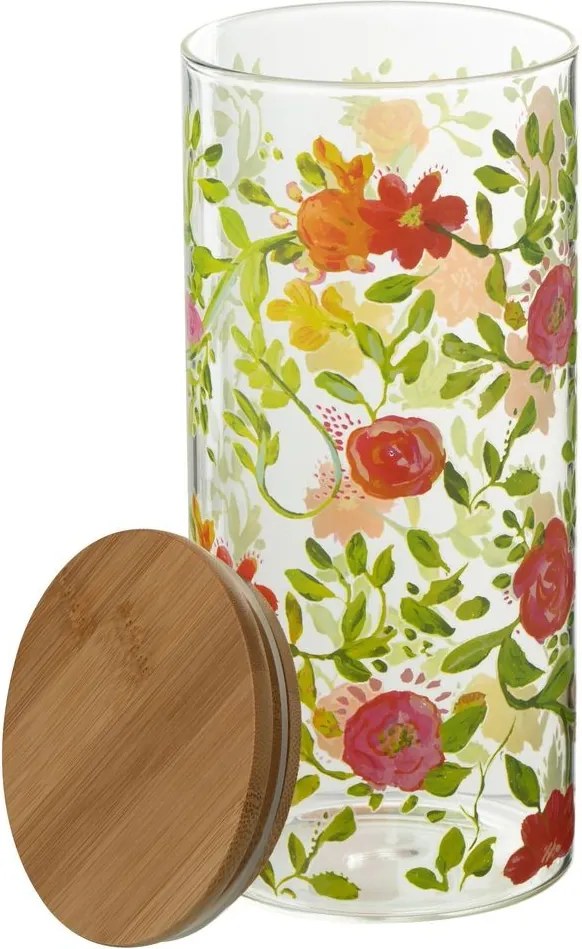 Sklenená dóza na potraviny s dreveným viečkom a kvetmi Floral glass - Ø10*23cm / 1400ml