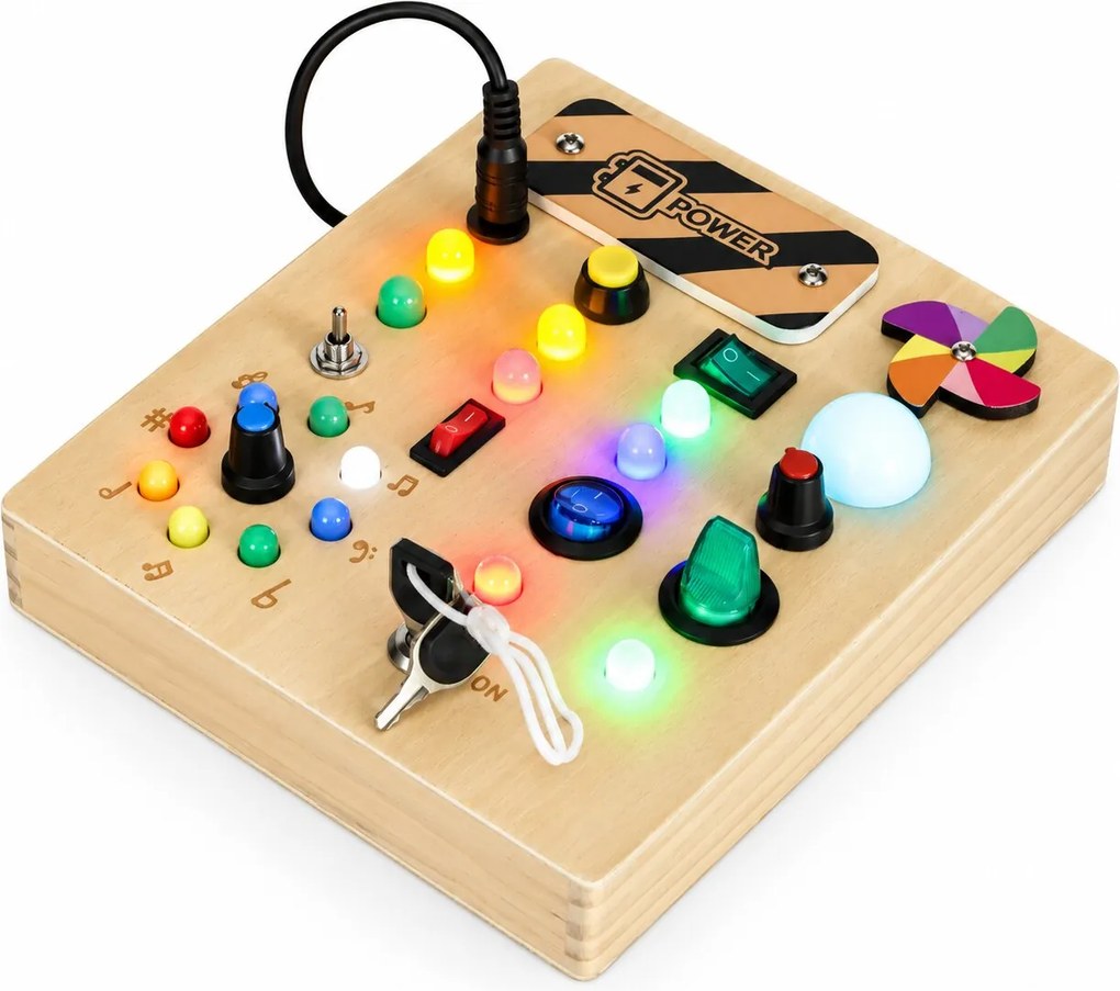 ECOTOYS Dřevěná interaktivní manipulační tabule s LED světly od 3 let