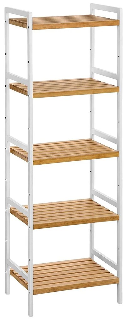 Regál, 5-úrovňový bambusový úložný stojan, prírodný a biely